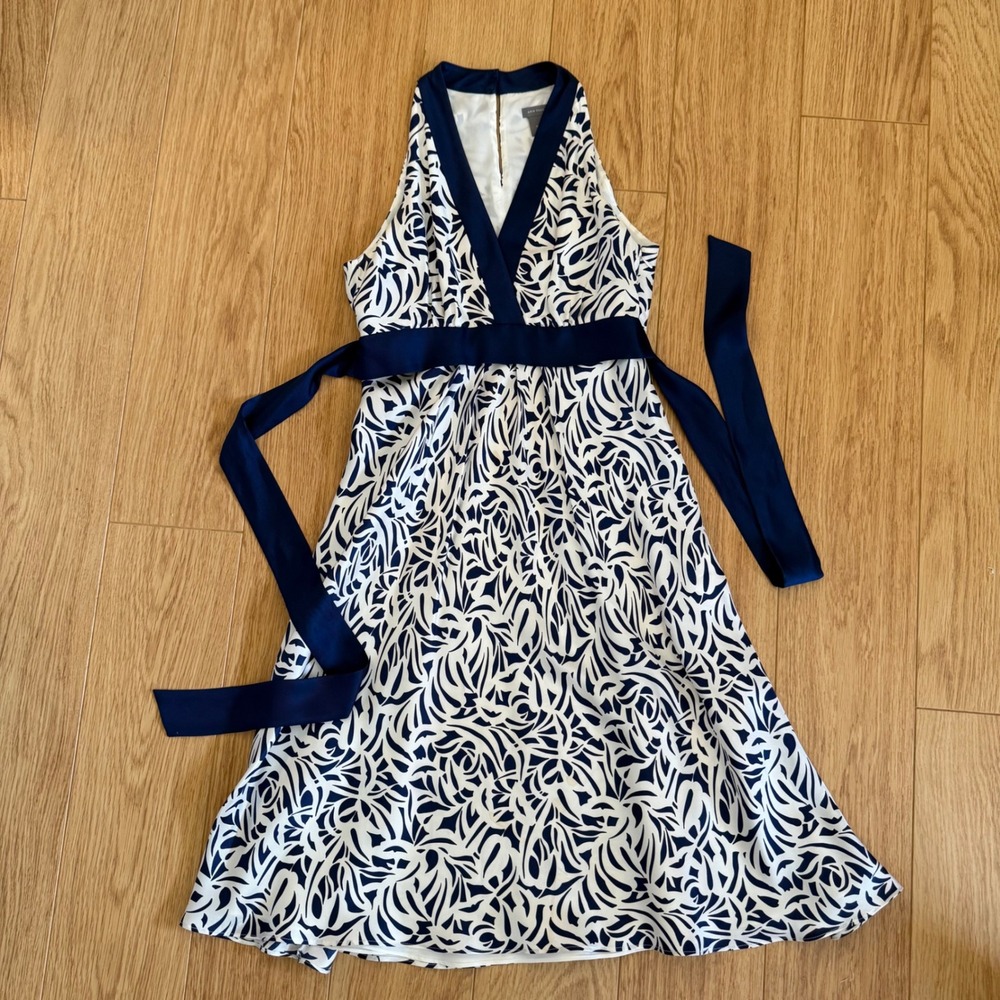 Ann Taylor Silk‎ Halter Dress Womens 2 Navy Blue White Excellent Abstract Print